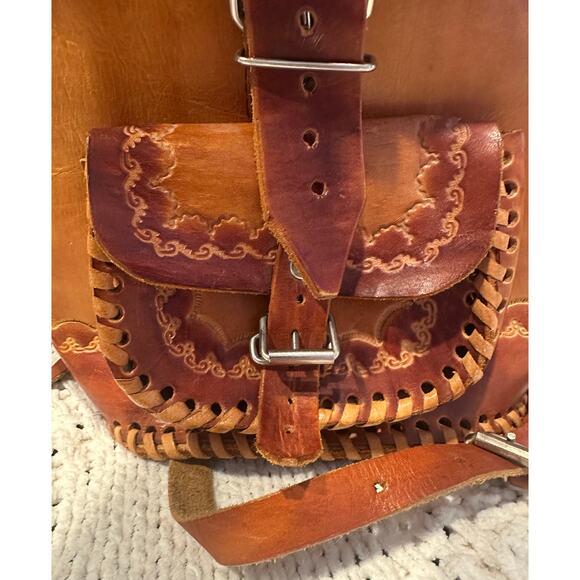 Mexican Leather Backpack Buckles Drawstring Tooled Designed Flaps Front Pocket - Picture 7 of 12